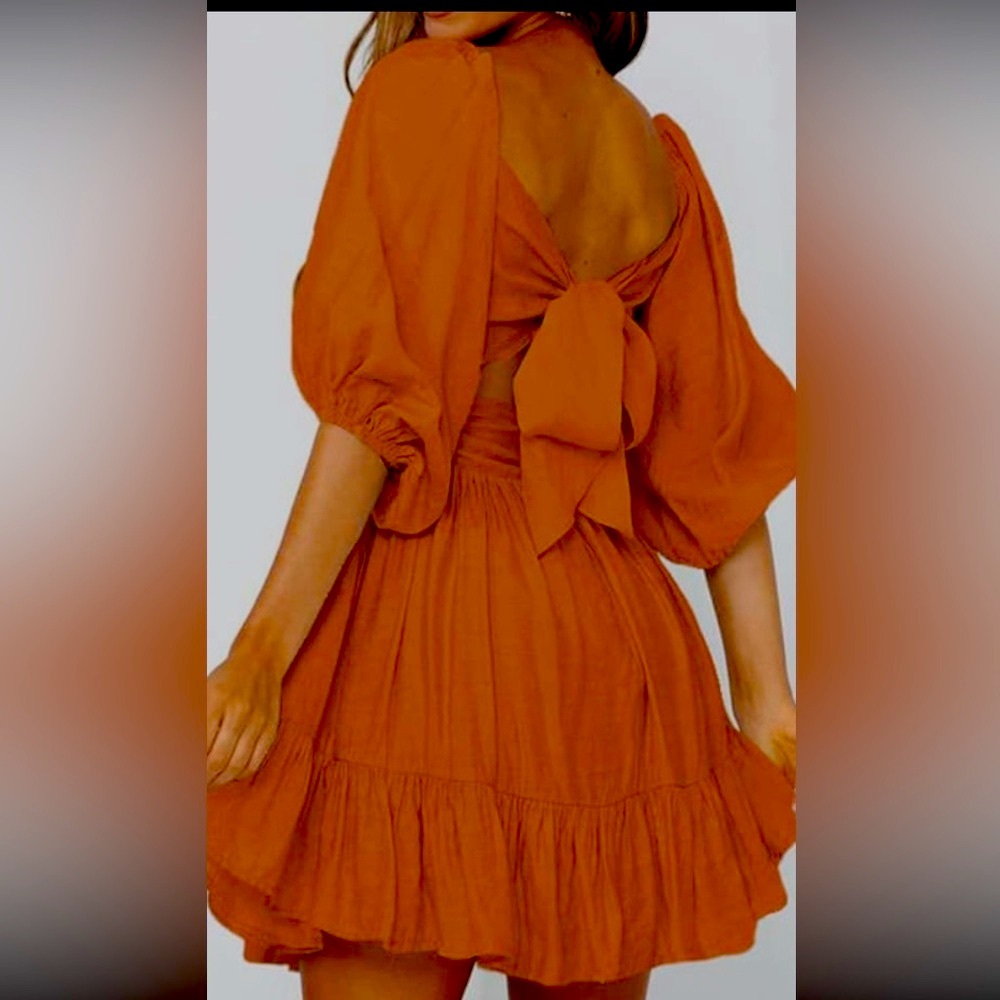 NWOT Dokotoo Squa e Neck Dress Lantern Sleeve Ruffle A-Line Tie Backless - Picture 4 of 9